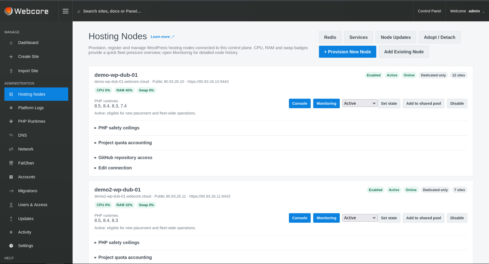 Webcore Panel showing hosting nodes and fleet controls