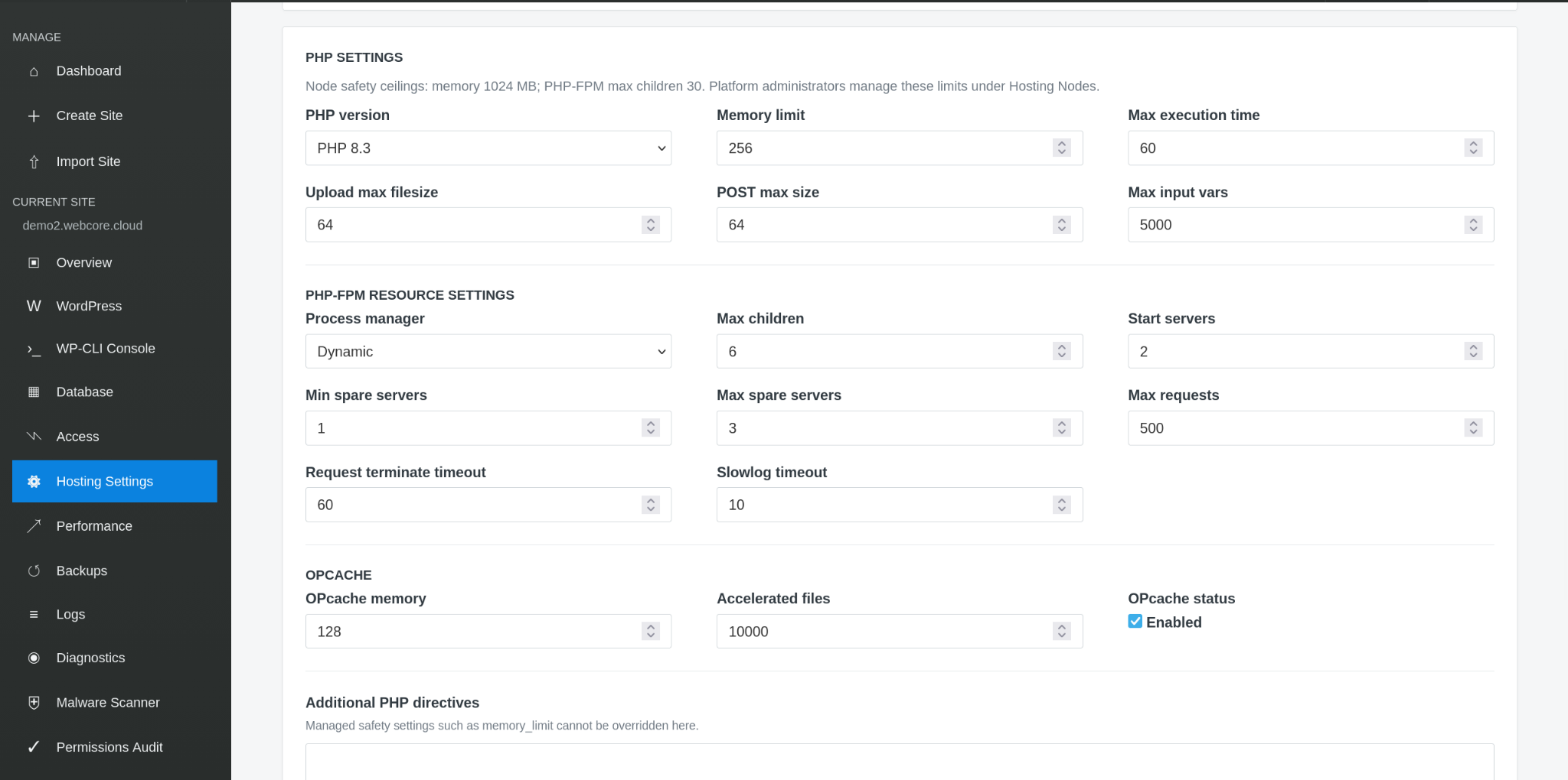 Webcore Panel Hosting Settings showing site-level PHP and hosting controls