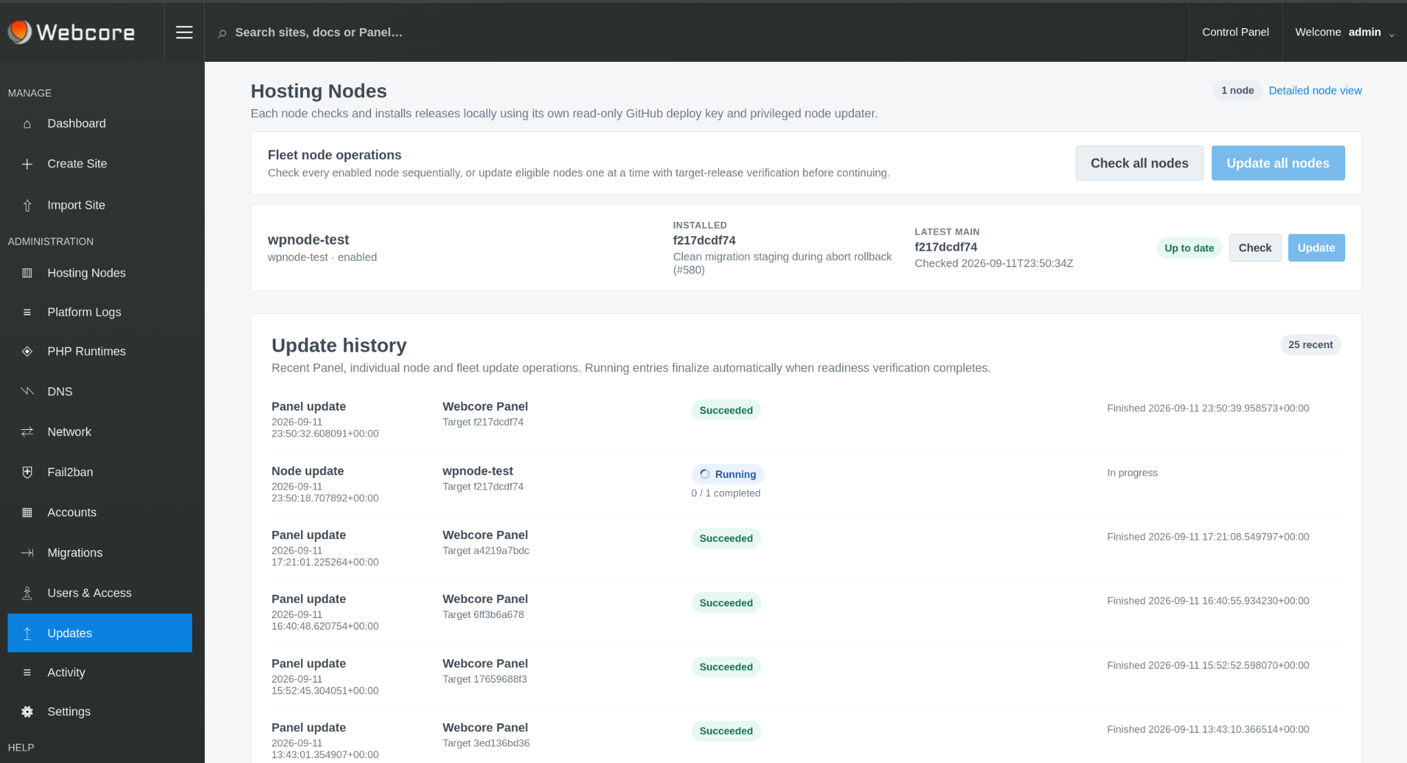 Webcore Panel platform and hosting node update controls