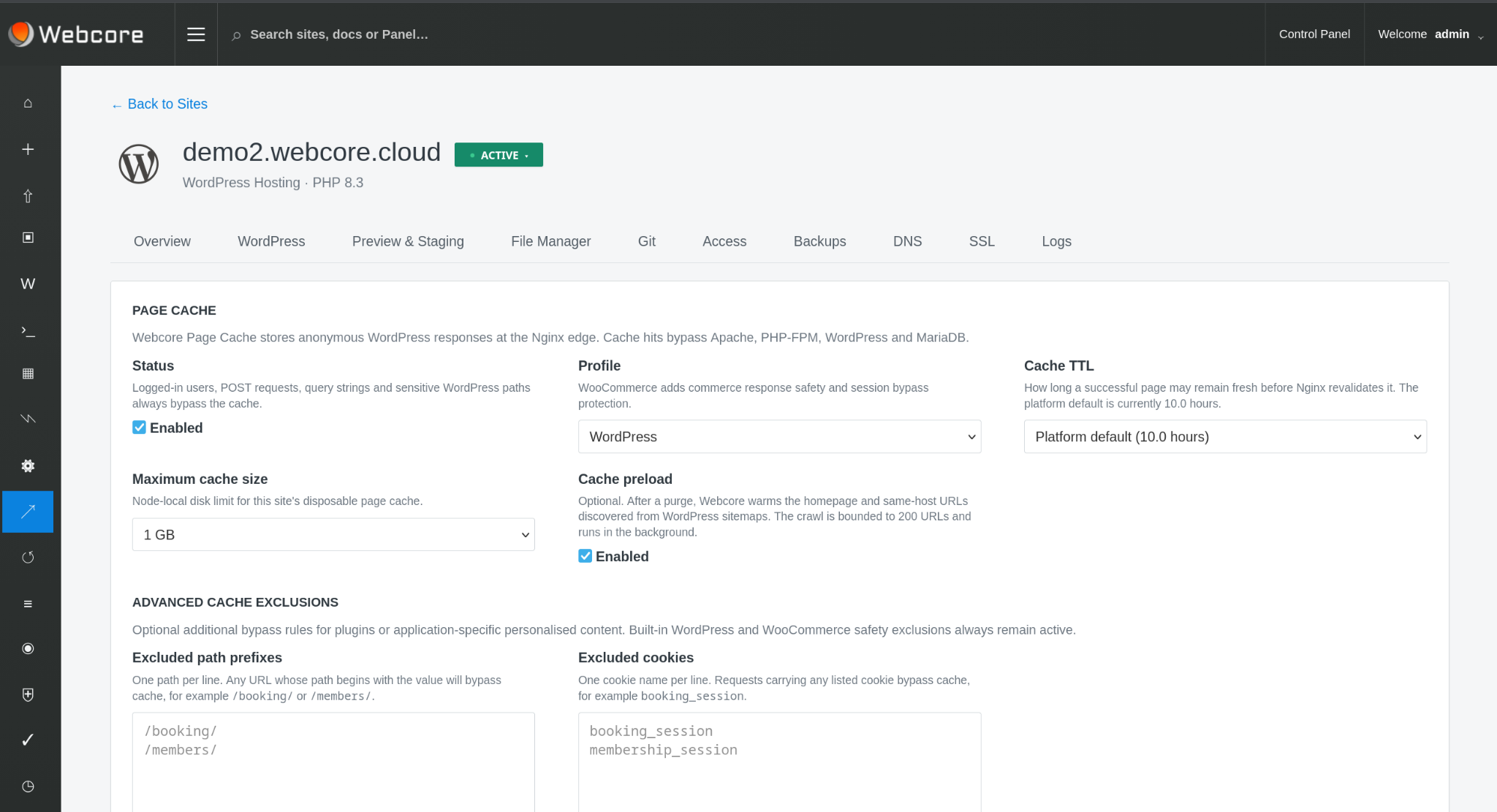 Webcore Panel Performance controls