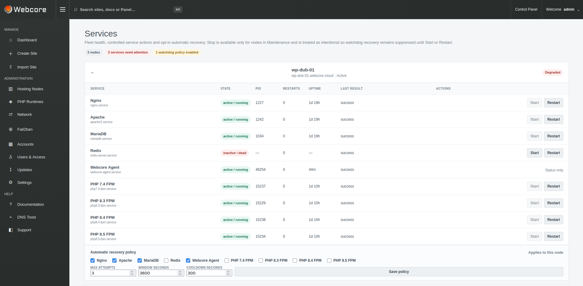 Webcore Panel hosting stack services