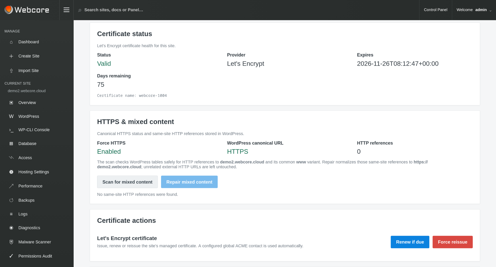 Webcore Panel SSL page showing certificate health and HTTPS checks