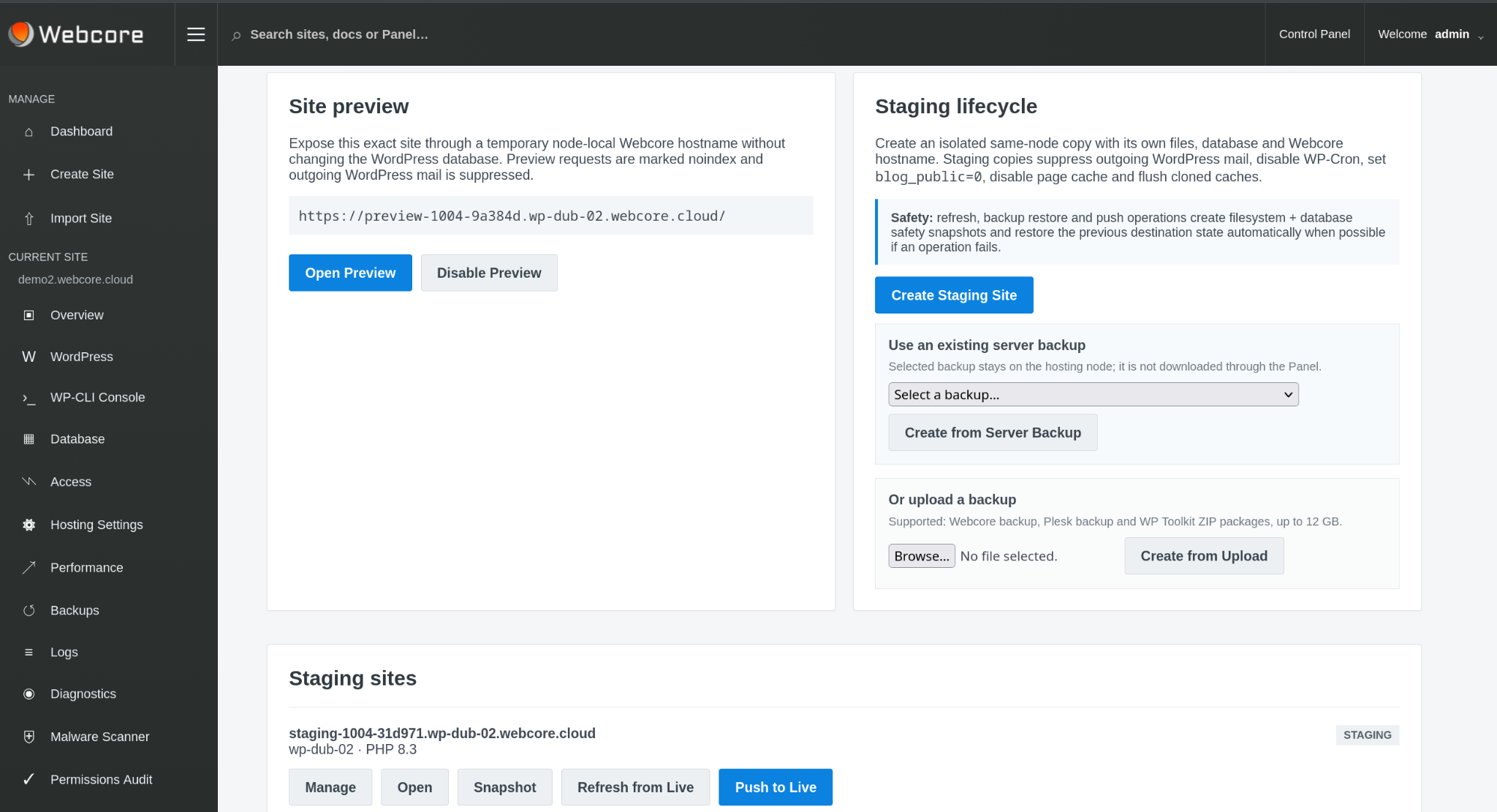 Webcore Panel staging workflow