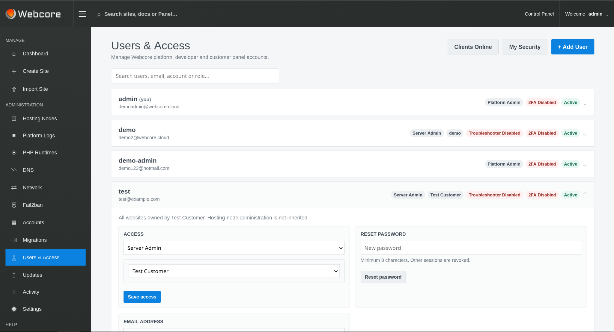 Webcore Panel Users and Access screen showing scoped administration roles